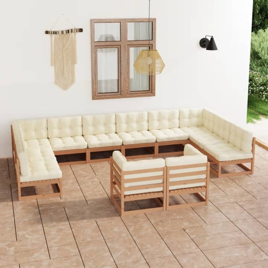 12-tlg. Garten-Lounge-Set Kissen Honigbraun Kiefer Massivholz